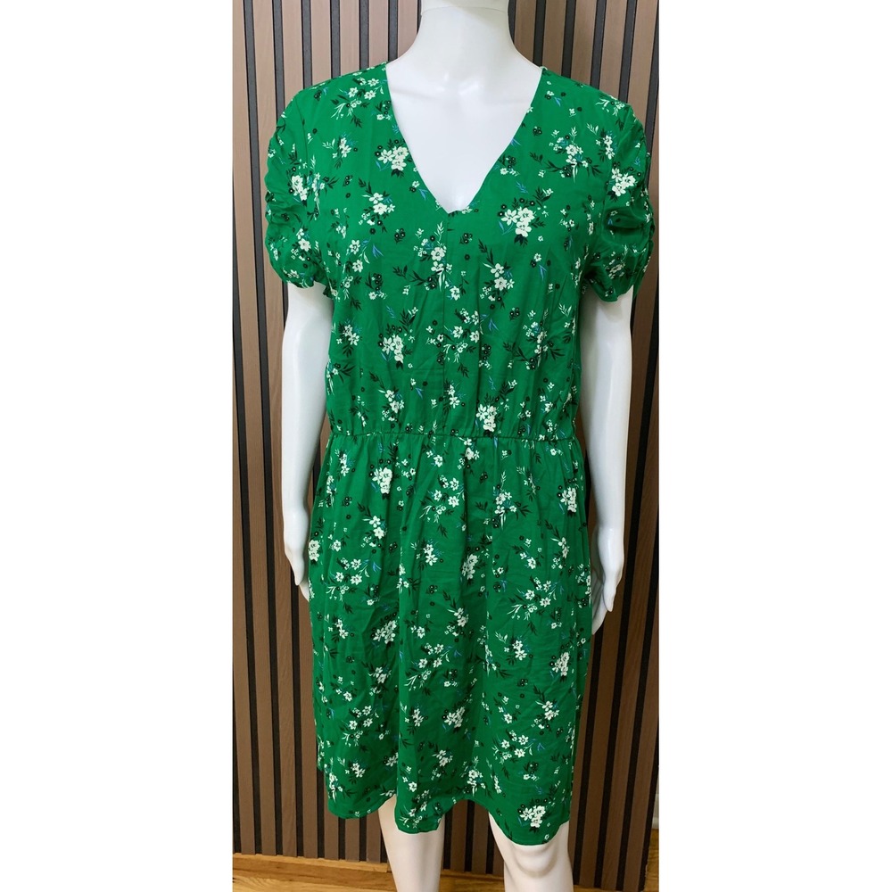 Banana Republic Green Floral V-Neck Puff Sleeve Elastic Waist Dress Large